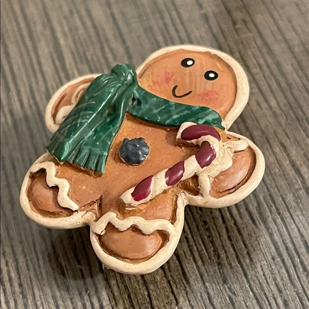 Vintage Festive Gingerbread Man Pin with Green Scarf & Candy Cane Christmas Pin